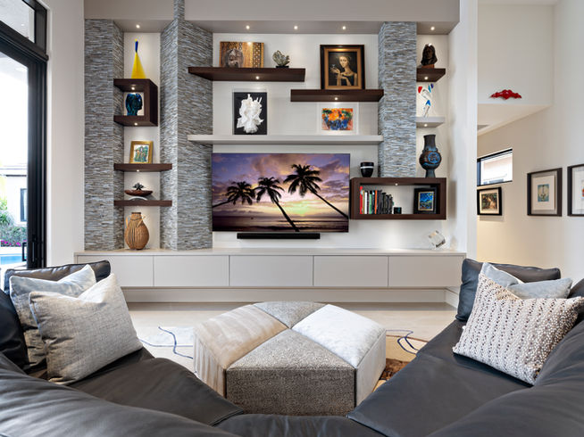 Custom wall unit with integrated shelving